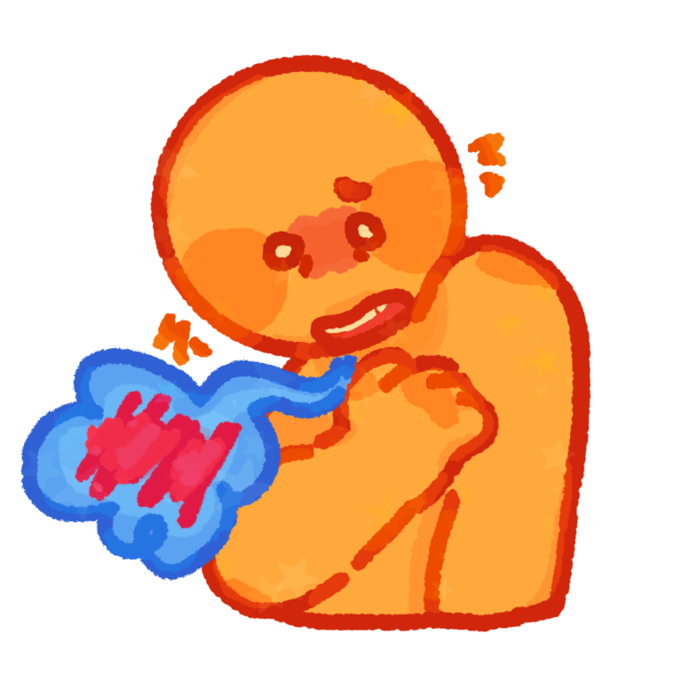  A drawing of a yellow person semi hunched over looking distressed, they have a hand on their chest and there is a drawing of blue colored breath coming out of their mouth
